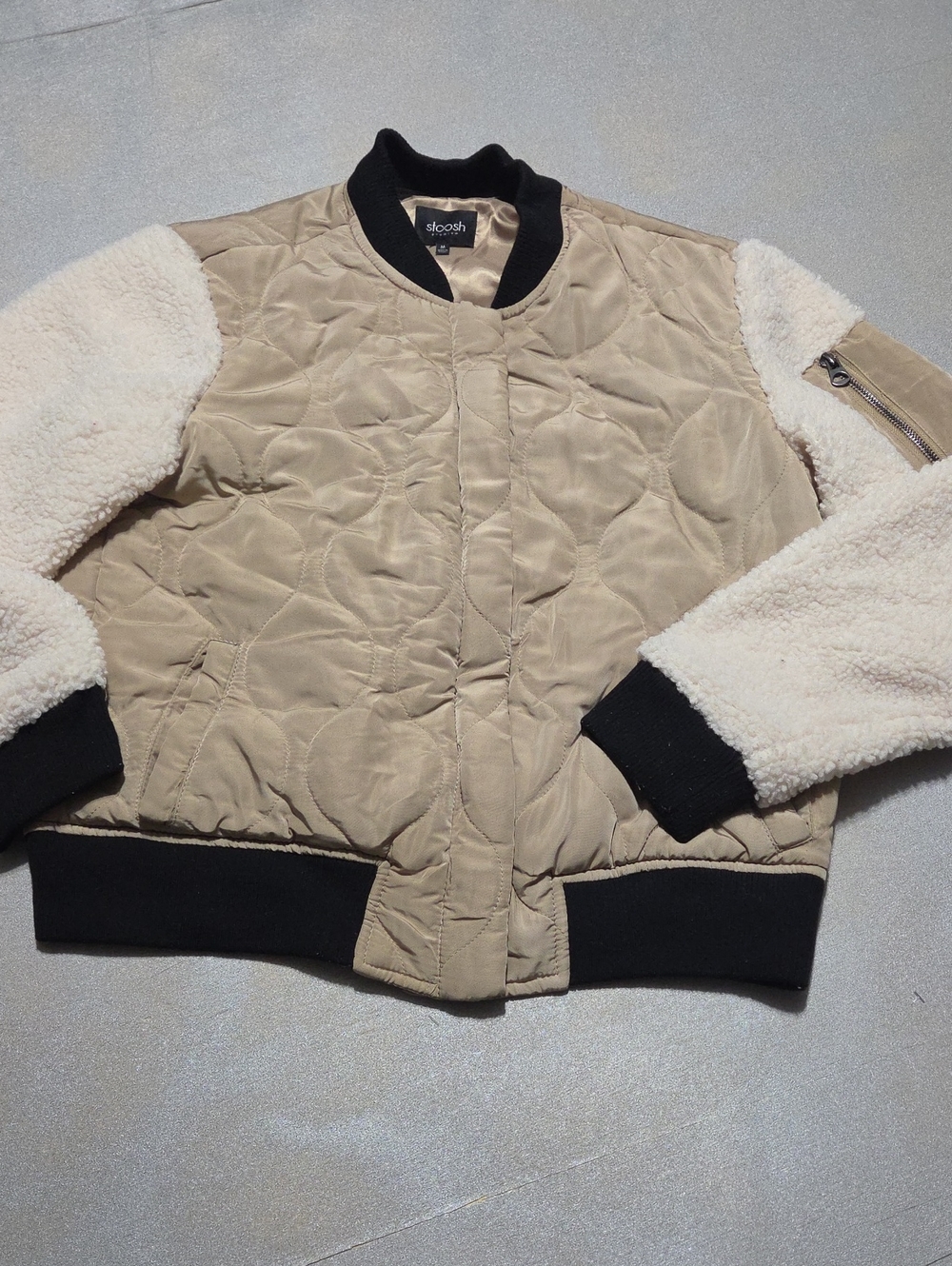Stoosh Tan Quilted Bomber Jacket with Cream Sherpa Sleeves and Black Trim